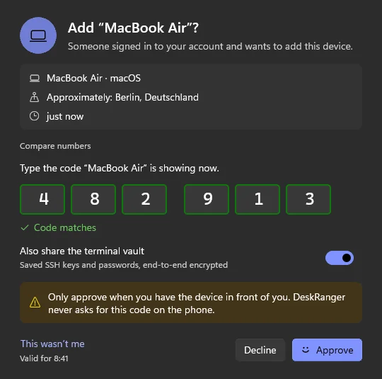 A trusted device approves a new device: place, time and the typed code