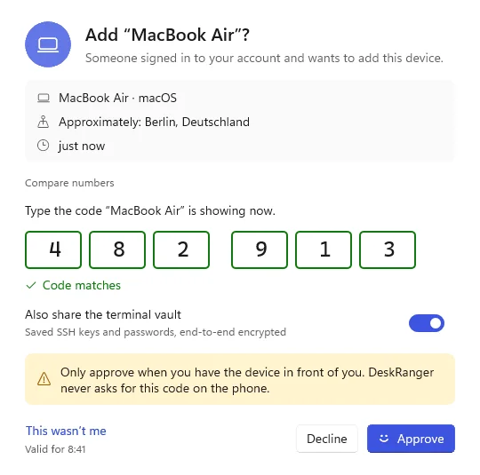 A trusted device approves a new device: place, time and the typed code