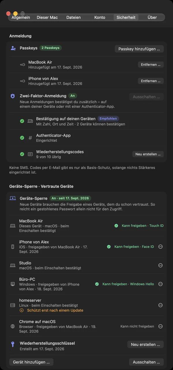 Einstellungen „Sicherheit“ mit Passkeys, Zwei-Faktor-Anmeldung und den vertrauten Geräten der Geräte-Sperre
