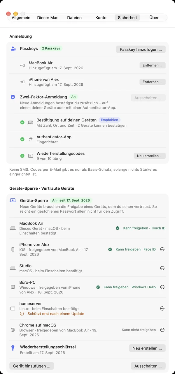 Einstellungen „Sicherheit“ mit Passkeys, Zwei-Faktor-Anmeldung und den vertrauten Geräten der Geräte-Sperre