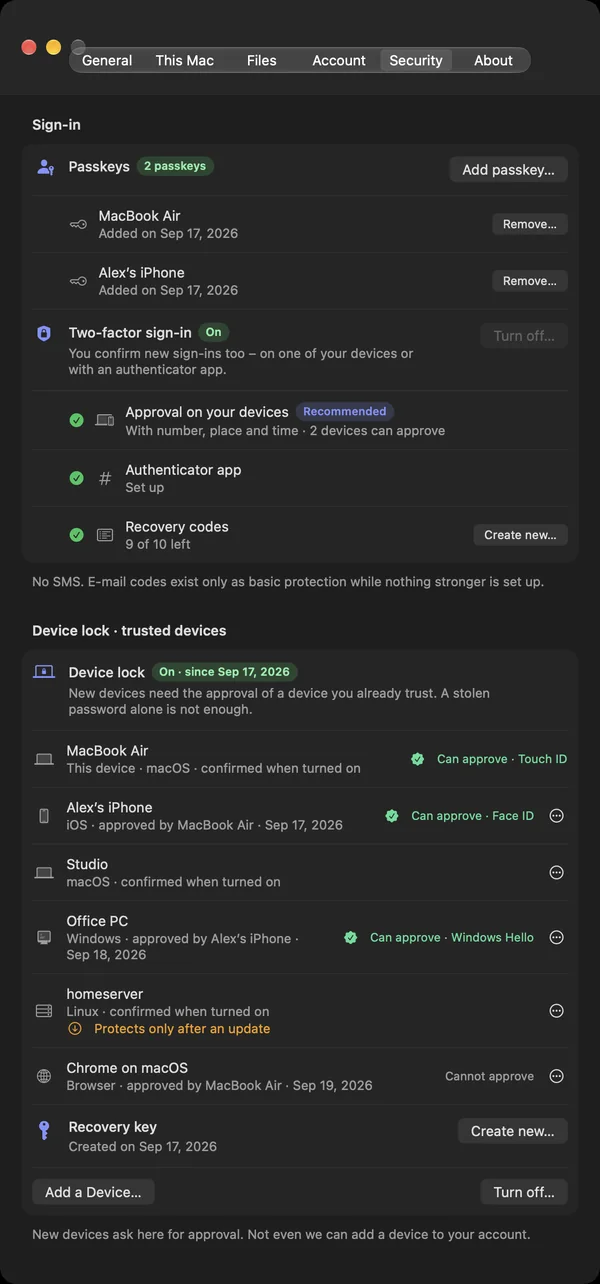 Security settings with passkeys, two-factor sign-in and device lock’s trusted devices