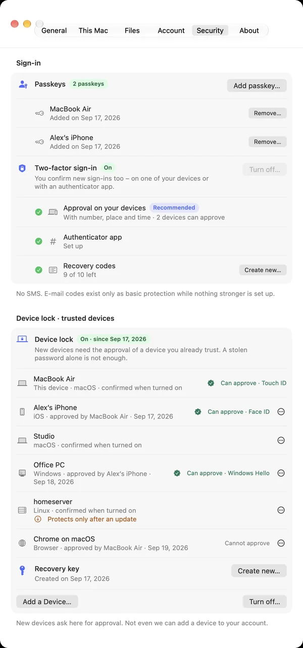 Security settings with passkeys, two-factor sign-in and device lock’s trusted devices