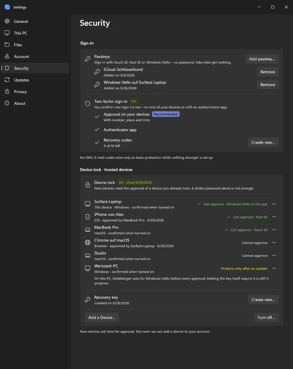 Security settings with passkeys, two-factor sign-in and device lock’s trusted devices