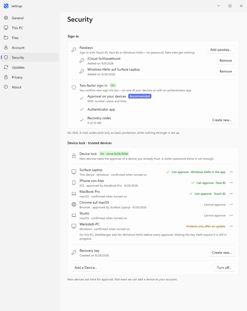 Security settings with passkeys, two-factor sign-in and device lock’s trusted devices