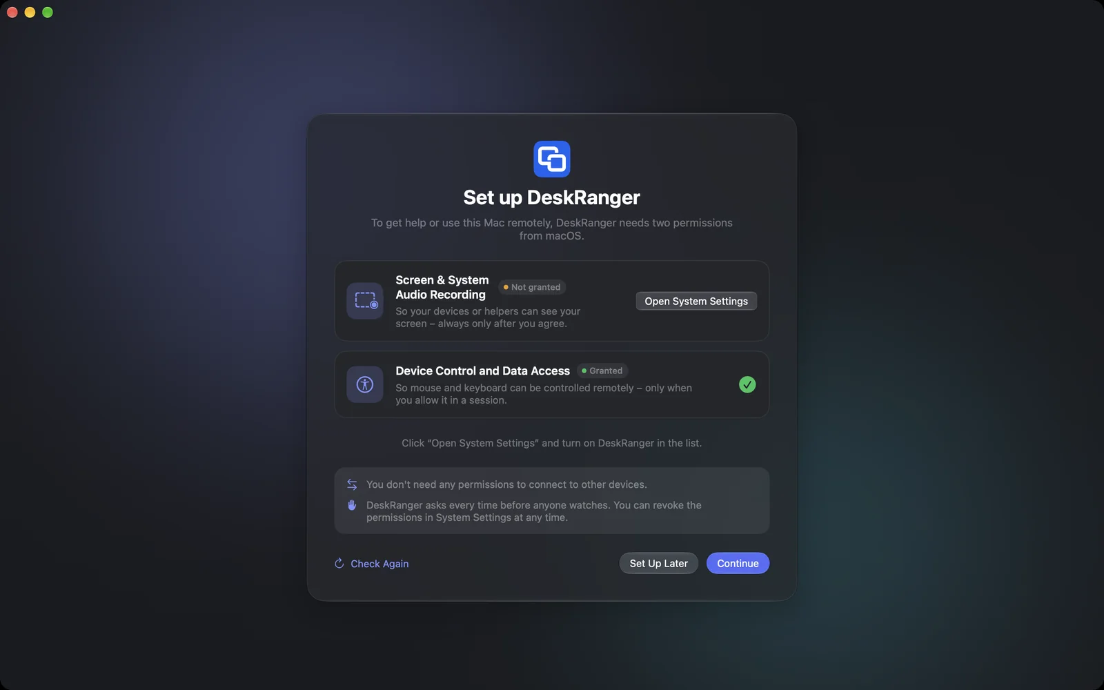 Set up DeskRanger: Screen Recording and Accessibility