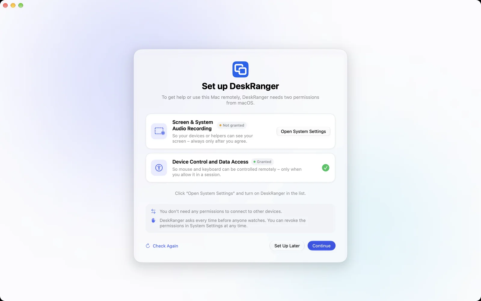 Set up DeskRanger: Screen Recording and Accessibility