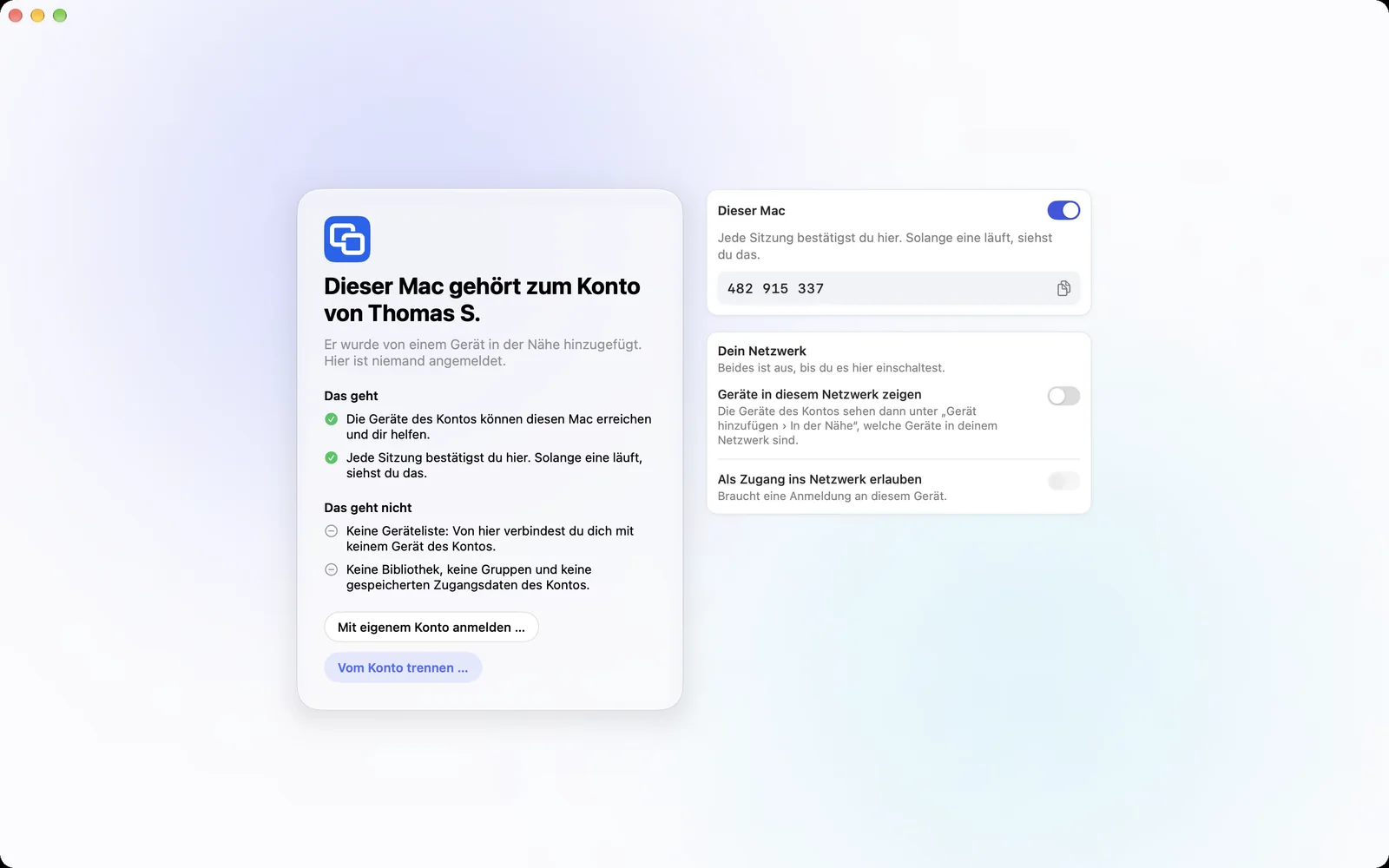 Ein hinzugefügtes Gerät: zu wessen Konto es gehört, was geht und was nicht, die Schalter für sein Netzwerk und „Vom Konto trennen …“