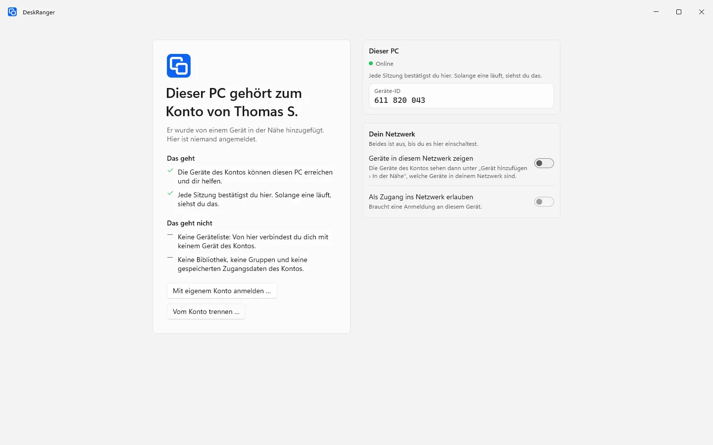 Ein hinzugefügtes Gerät: zu wessen Konto es gehört, was geht und was nicht, die Schalter für sein Netzwerk und „Vom Konto trennen …“