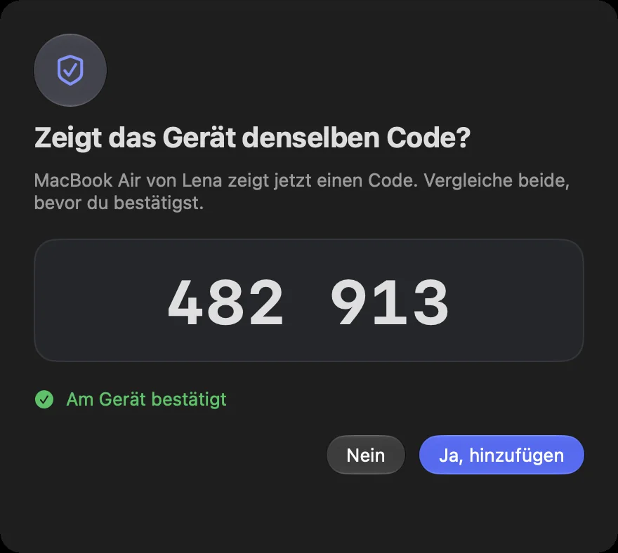 „Zeigt das Gerät denselben Code?“ mit dem sechsstelligen Code und „Ja, hinzufügen“