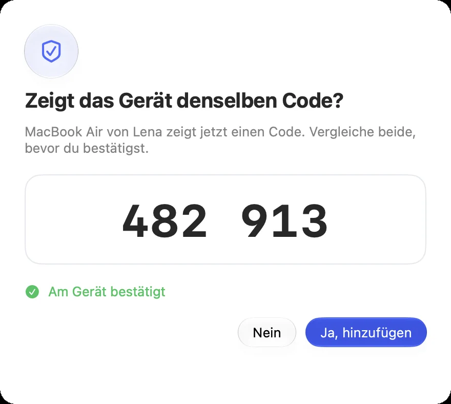 „Zeigt das Gerät denselben Code?“ mit dem sechsstelligen Code und „Ja, hinzufügen“