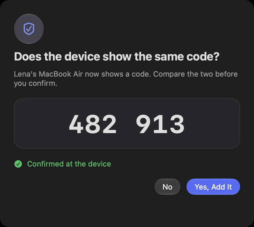 “Does the device show the same code?” with the six-digit code and “Yes, Add It”