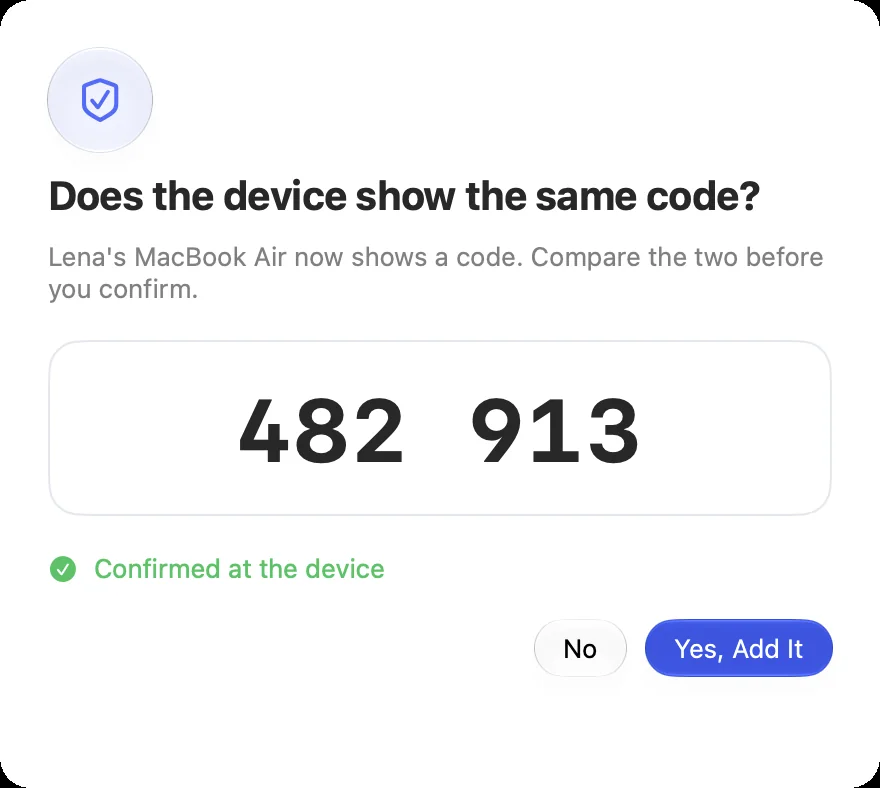 “Does the device show the same code?” with the six-digit code and “Yes, Add It”