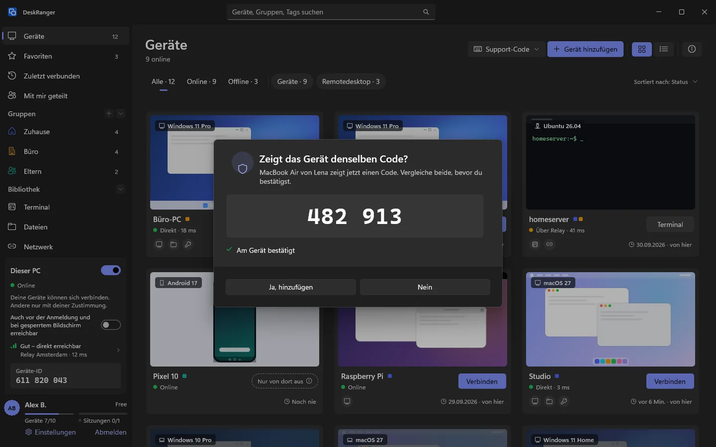 „Zeigt das Gerät denselben Code?“ mit dem sechsstelligen Code und „Ja, hinzufügen“