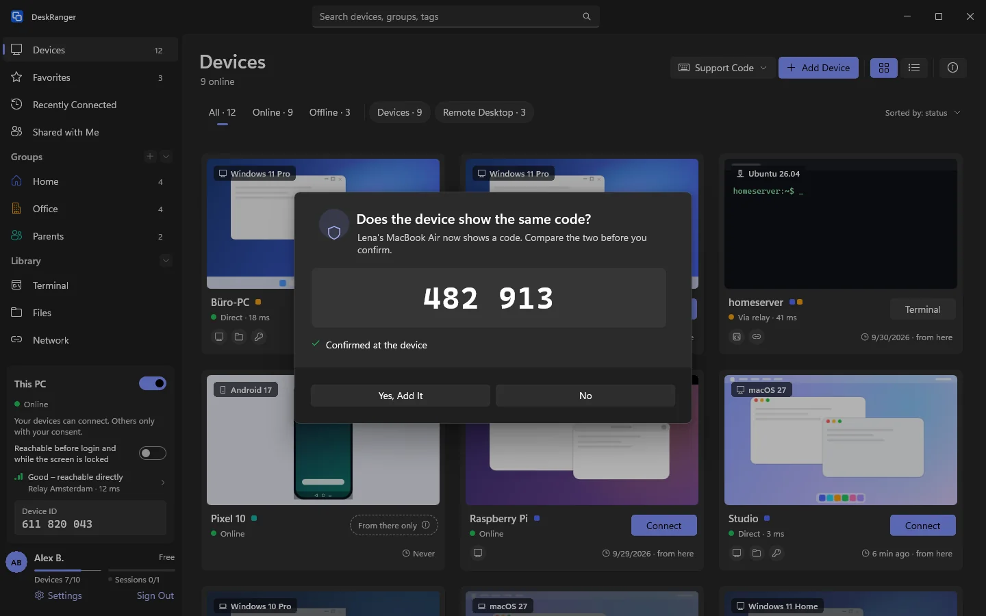 “Does the device show the same code?” with the six-digit code and “Yes, Add It”