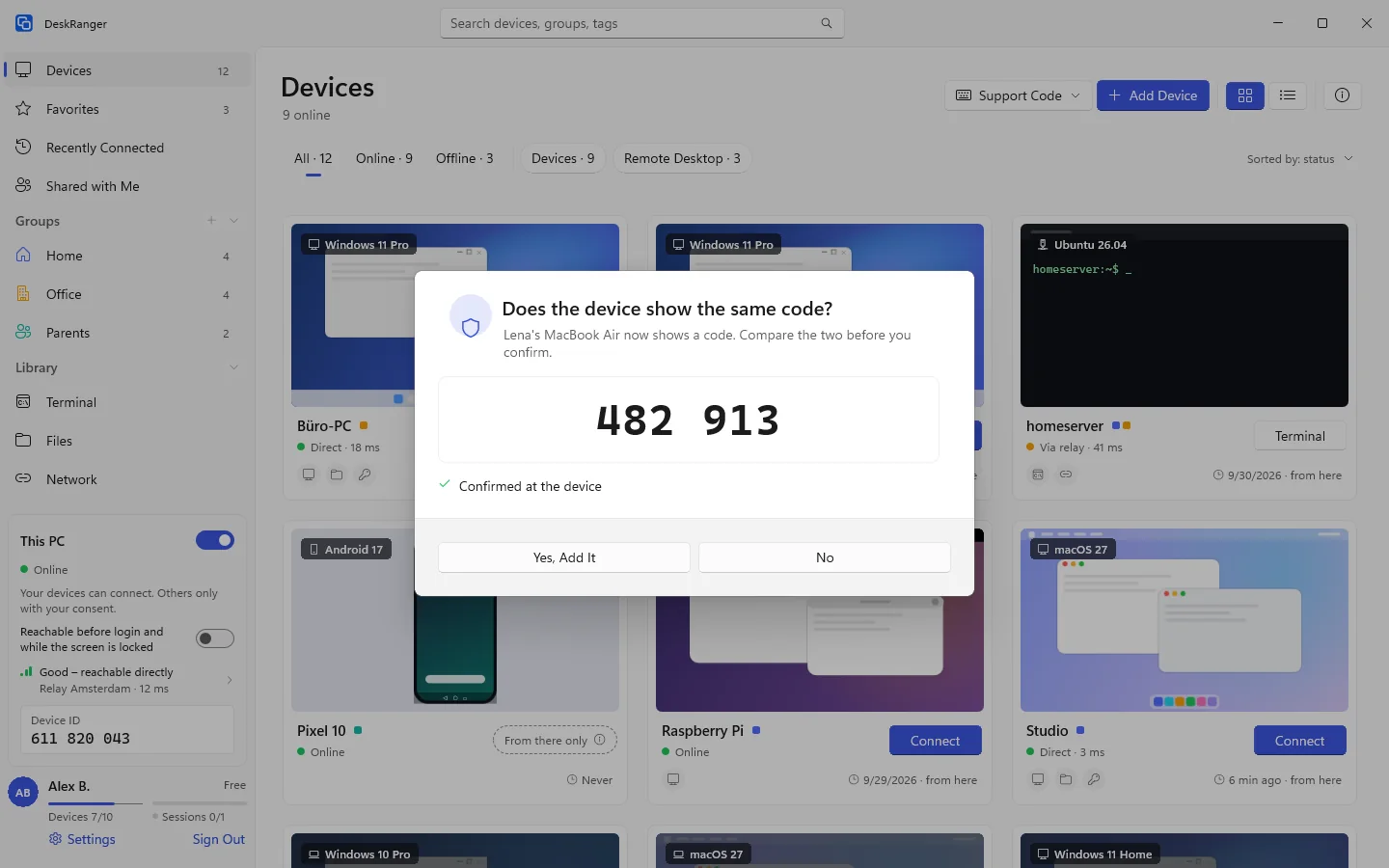 “Does the device show the same code?” with the six-digit code and “Yes, Add It”