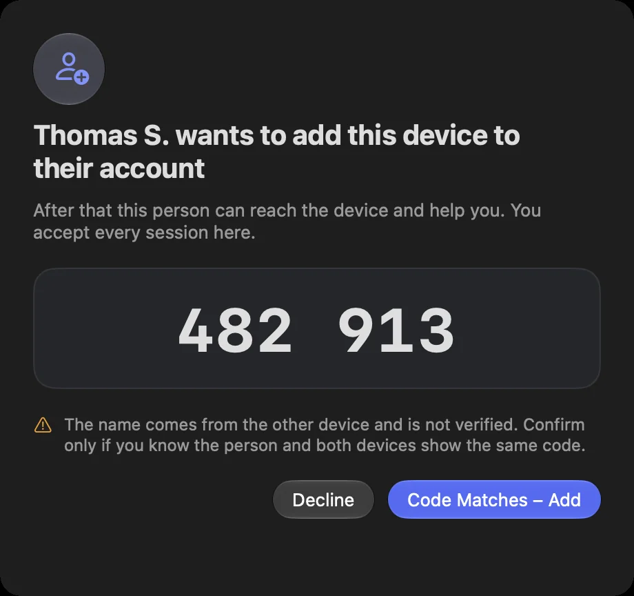 On the device being added: who asks, the code, and “Code Matches – Add” or “Decline”