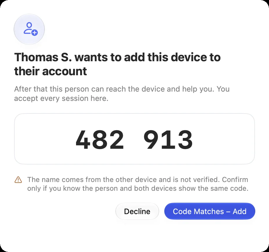 On the device being added: who asks, the code, and “Code Matches – Add” or “Decline”