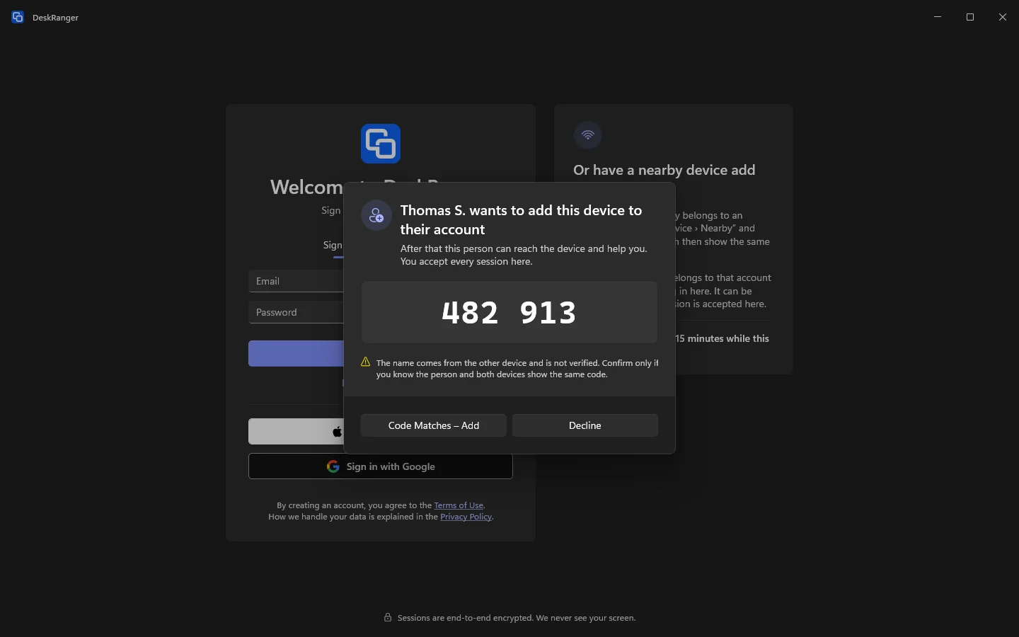 On the device being added: who asks, the code, and “Code Matches – Add” or “Decline”