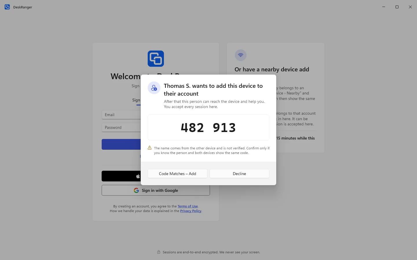 On the device being added: who asks, the code, and “Code Matches – Add” or “Decline”