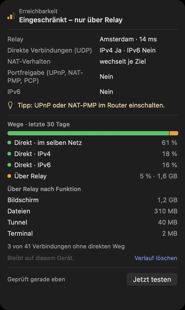 „Wege · letzte 30 Tage“: Anteile direkt und über Relay und Relay-Daten je Funktion