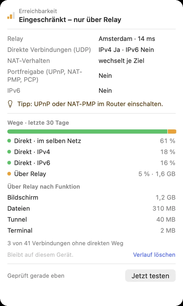 „Wege · letzte 30 Tage“: Anteile direkt und über Relay und Relay-Daten je Funktion
