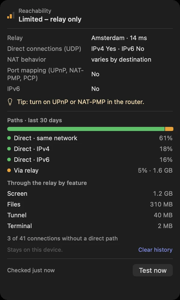 “Paths · last 30 days”: shares direct and through the relay, and relayed data per feature