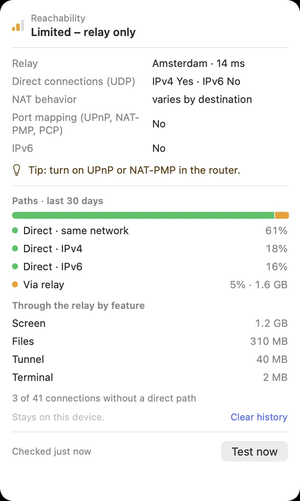 “Paths · last 30 days”: shares direct and through the relay, and relayed data per feature