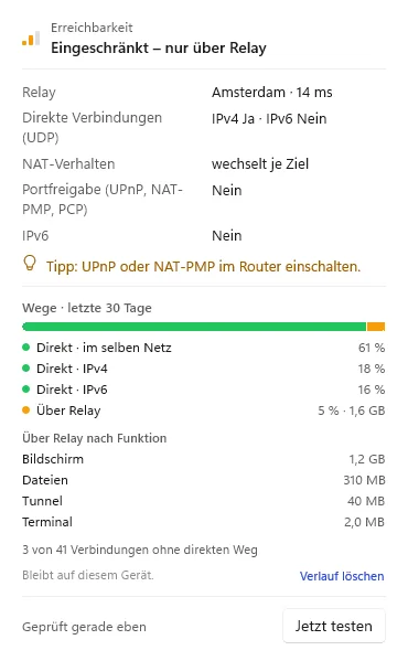 „Wege · letzte 30 Tage“: Anteile direkt und über Relay und Relay-Daten je Funktion