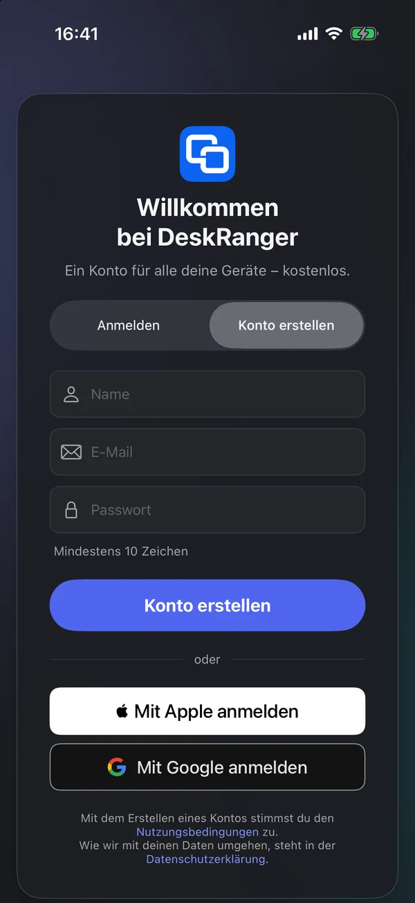 Konto erstellen mit Name, E-Mail und Passwort oder mit Apple und Google