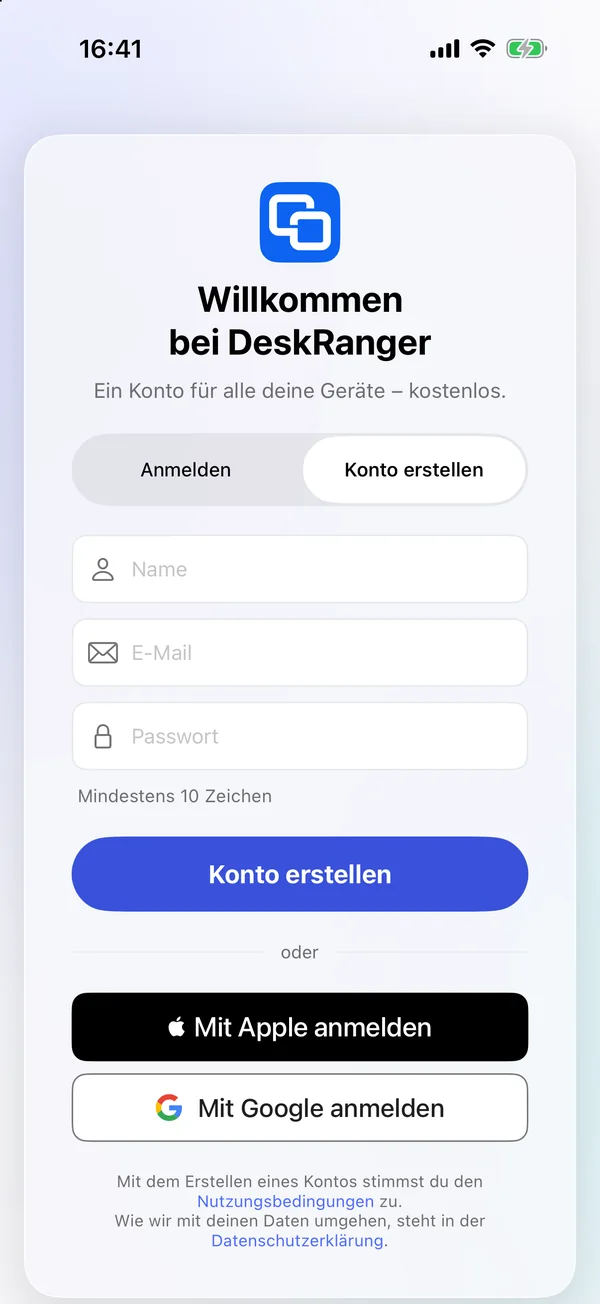 Konto erstellen mit Name, E-Mail und Passwort oder mit Apple und Google