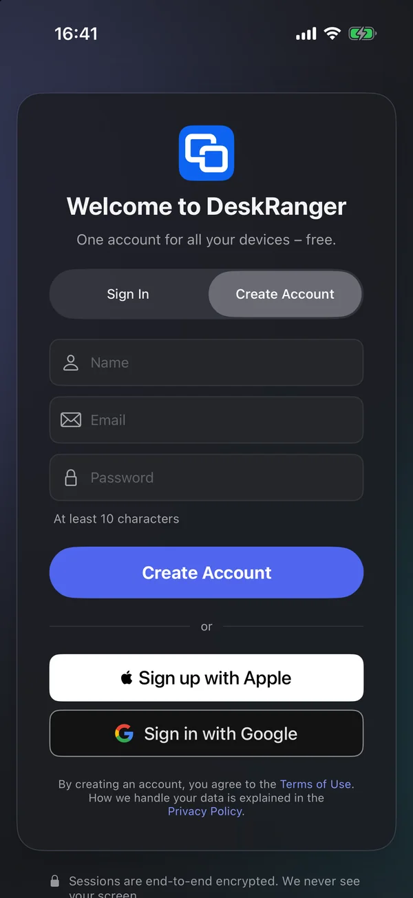 Create an account with name, email and password, or with Apple and Google