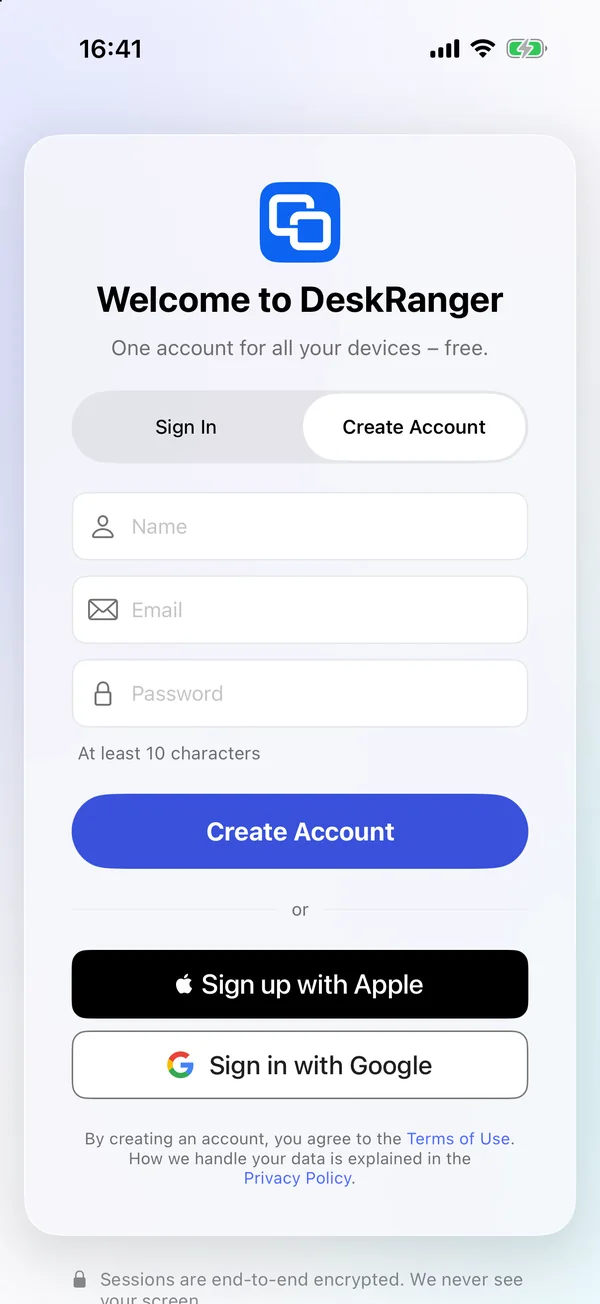 Create an account with name, email and password, or with Apple and Google