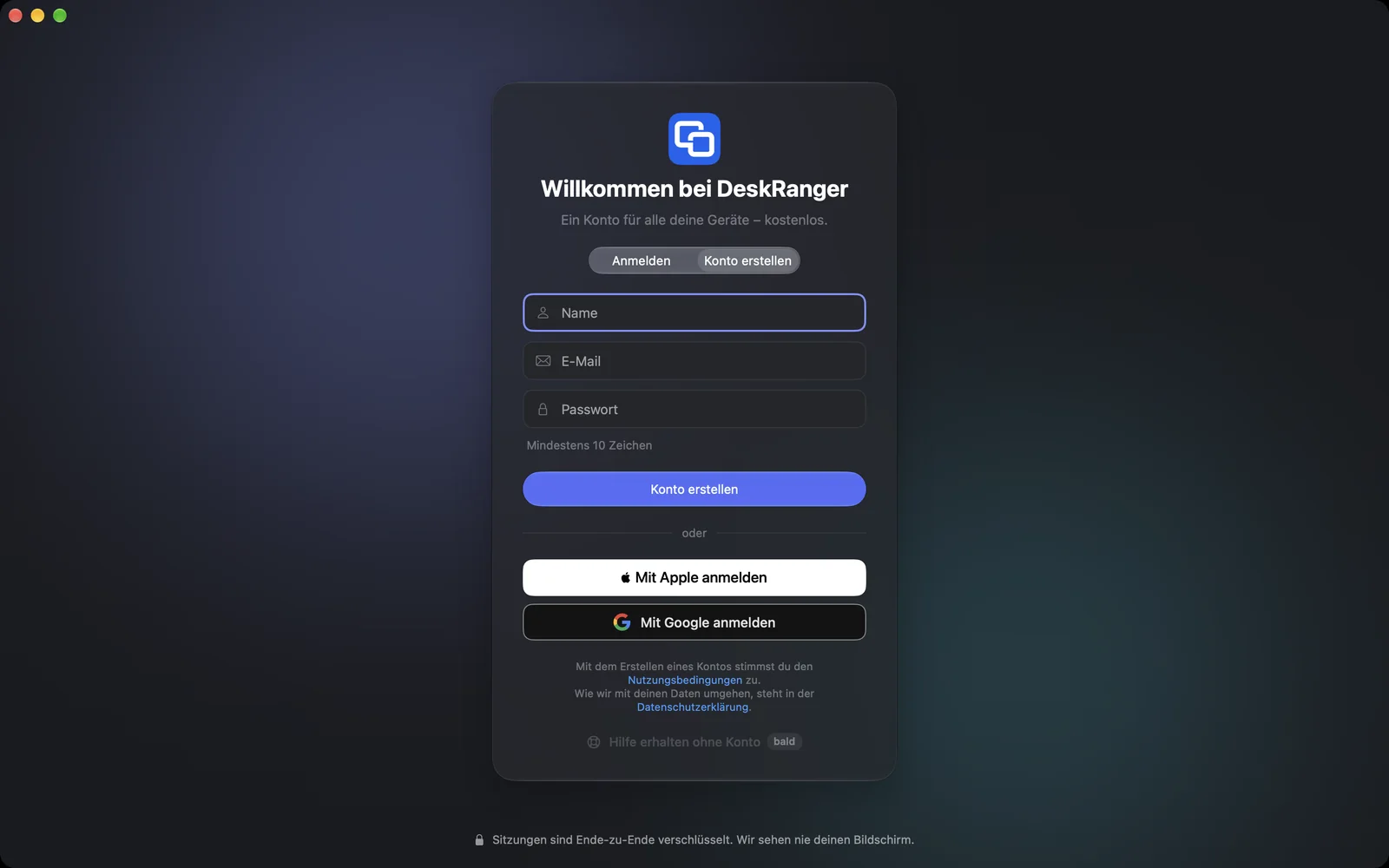 Konto erstellen mit Name, E-Mail und Passwort oder mit Apple und Google