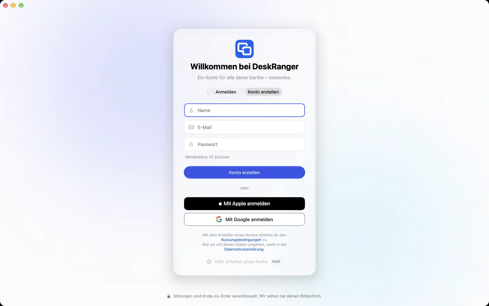 Konto erstellen mit Name, E-Mail und Passwort oder mit Apple und Google
