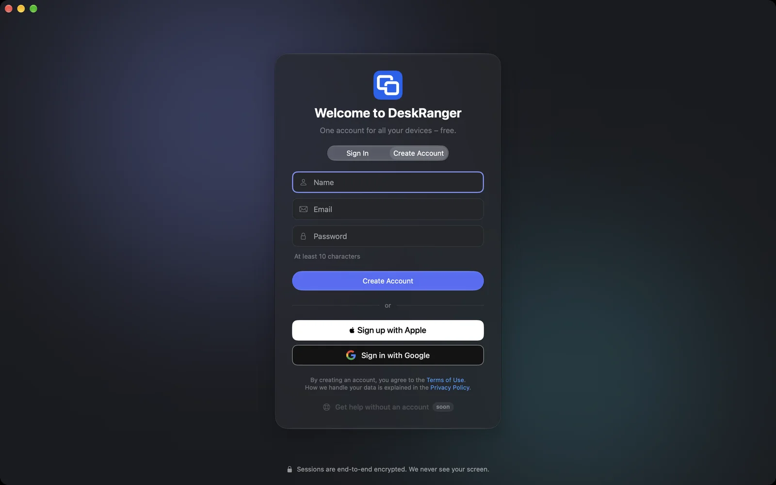 Create an account with name, email and password, or with Apple and Google
