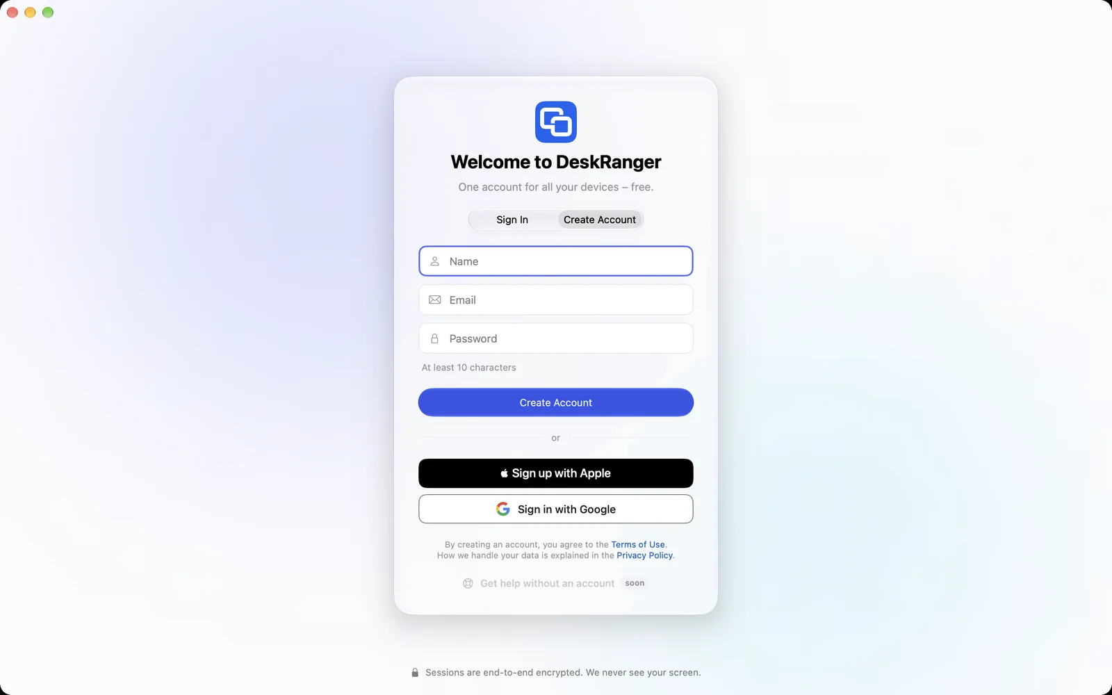 Create an account with name, email and password, or with Apple and Google