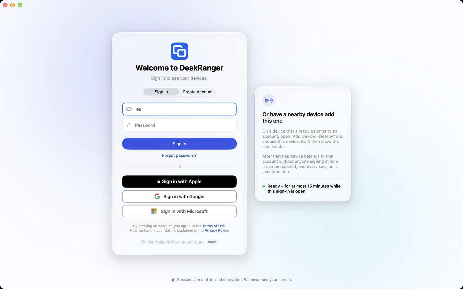 Sign-in screen with the card “Or have a nearby device add this one” and the note that the device is ready