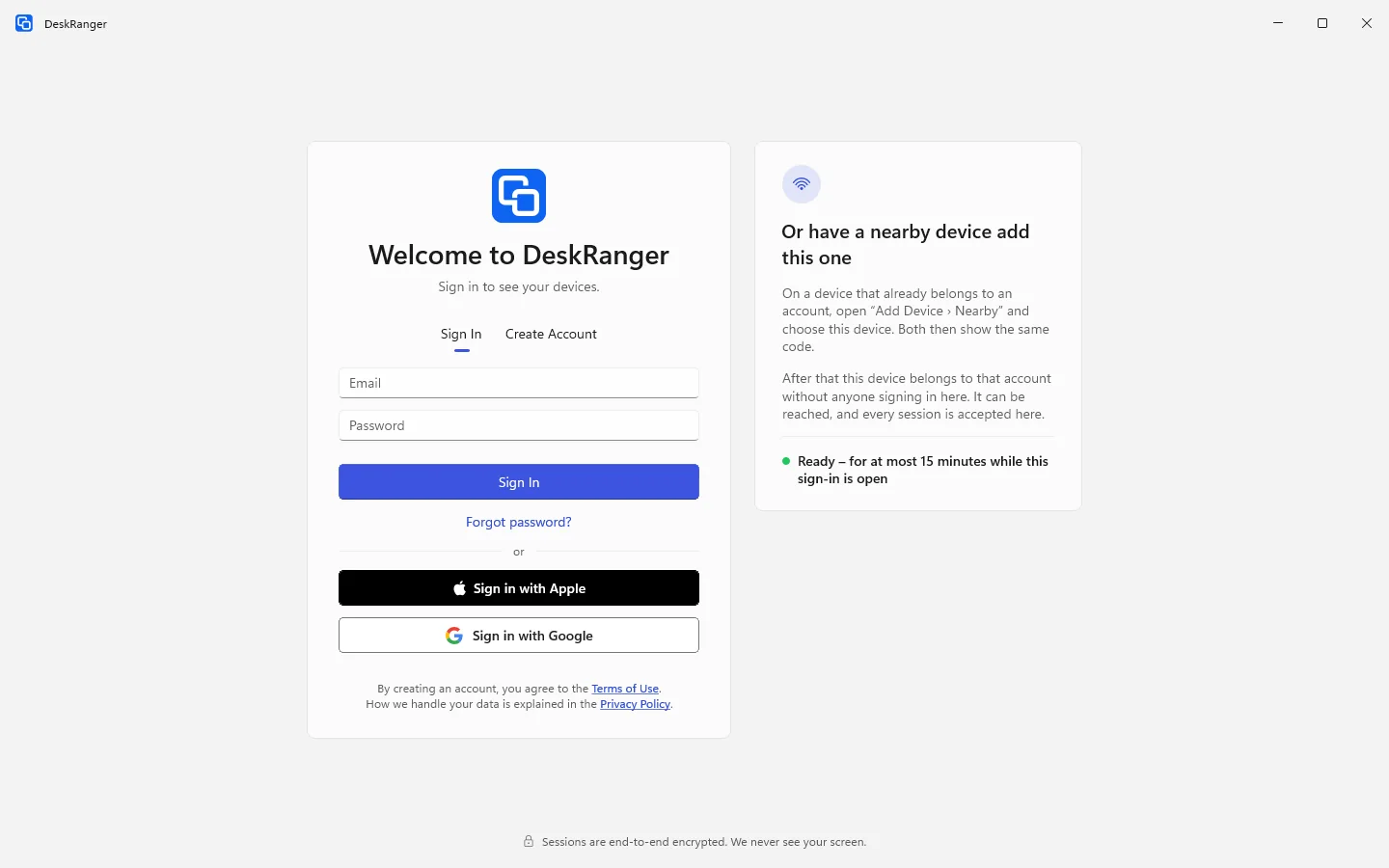 Sign-in screen with the card “Or have a nearby device add this one” and the note that the device is ready