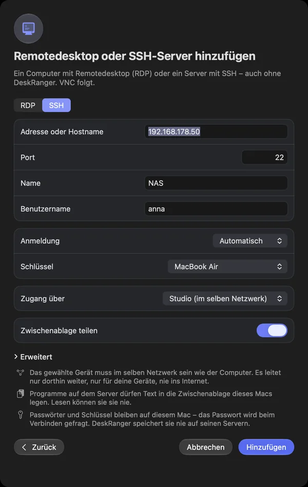 Einen SSH-Host hinzufügen: Adresse, Benutzer, Anmeldung, Schlüssel und „Zugang über“