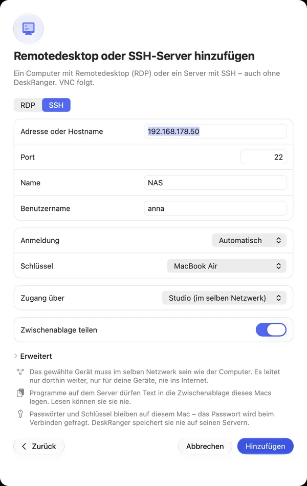 Einen SSH-Host hinzufügen: Adresse, Benutzer, Anmeldung, Schlüssel und „Zugang über“