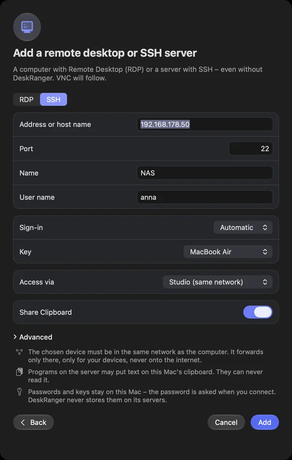 Add an SSH host: address, user, sign-in, key and “Access via”