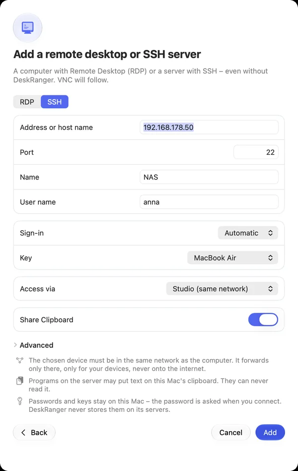 Add an SSH host: address, user, sign-in, key and “Access via”
