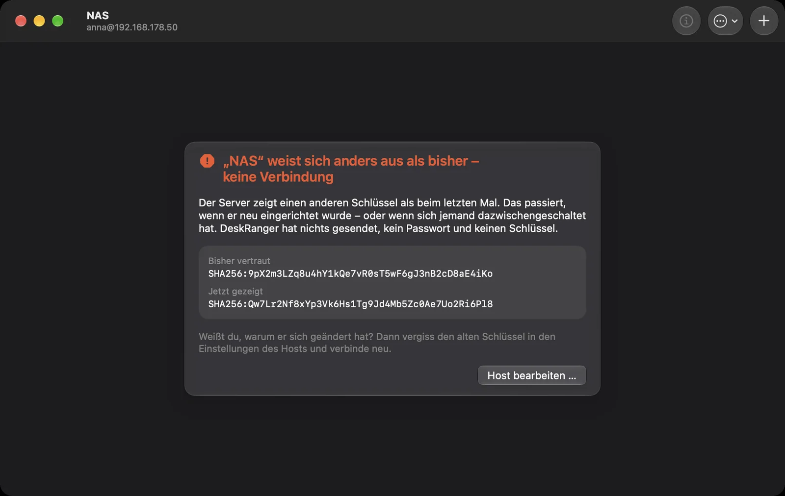 Der Server weist sich anders aus als bisher: keine Verbindung, beide Fingerabdrücke