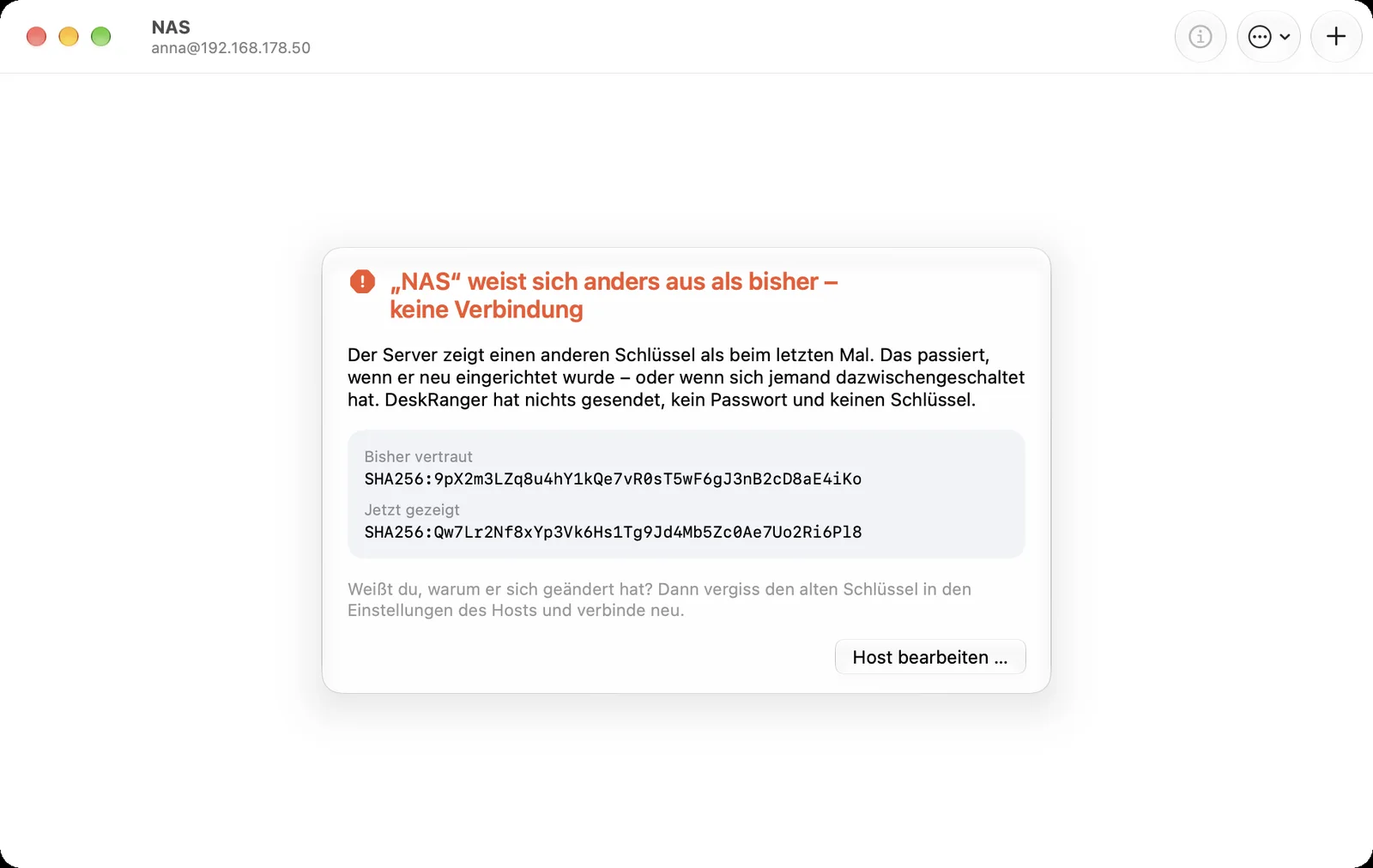Der Server weist sich anders aus als bisher: keine Verbindung, beide Fingerabdrücke