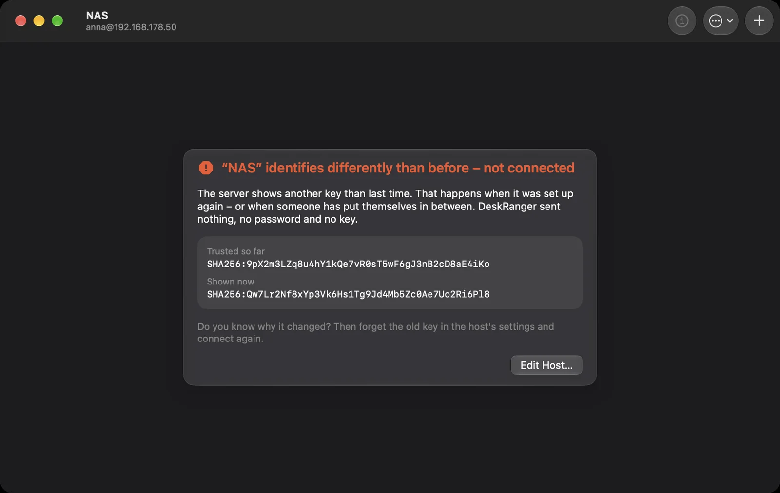 The server identifies differently than before: not connected, both fingerprints