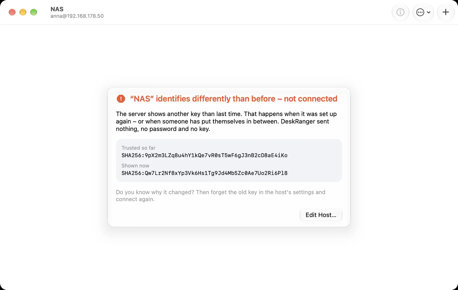 The server identifies differently than before: not connected, both fingerprints