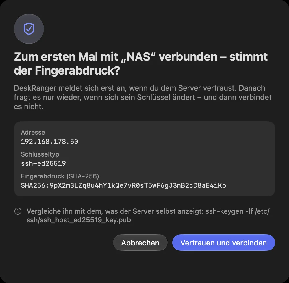 Die Frage beim ersten Verbinden: Adresse, Schlüsseltyp und Fingerabdruck des Servers