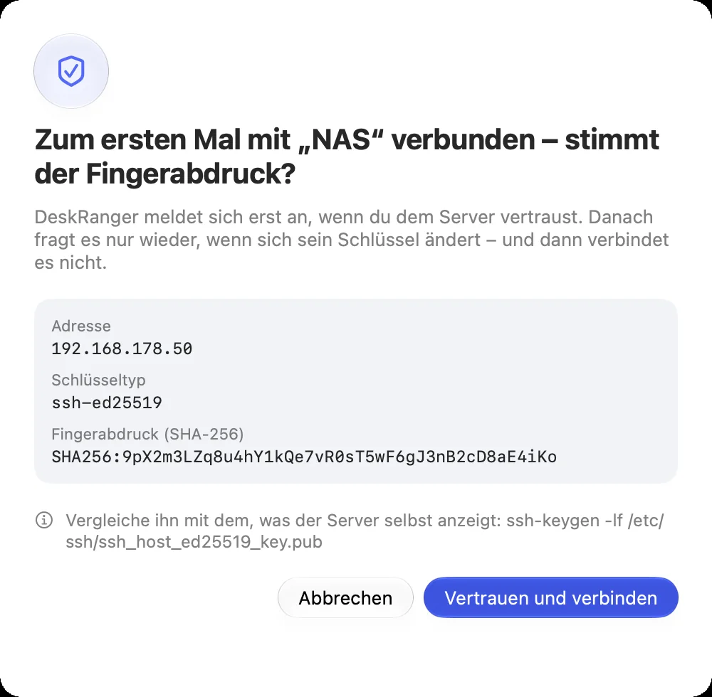 Die Frage beim ersten Verbinden: Adresse, Schlüsseltyp und Fingerabdruck des Servers