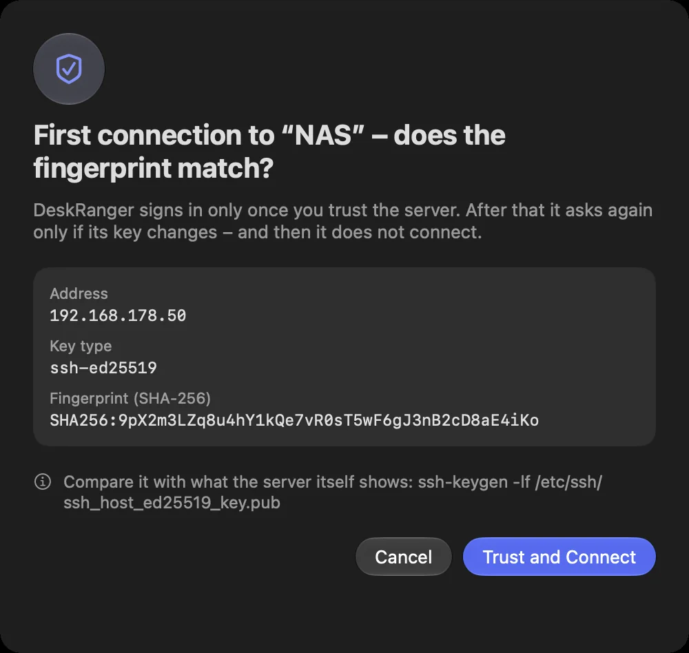 The question on the first connection: the server's address, key type and fingerprint