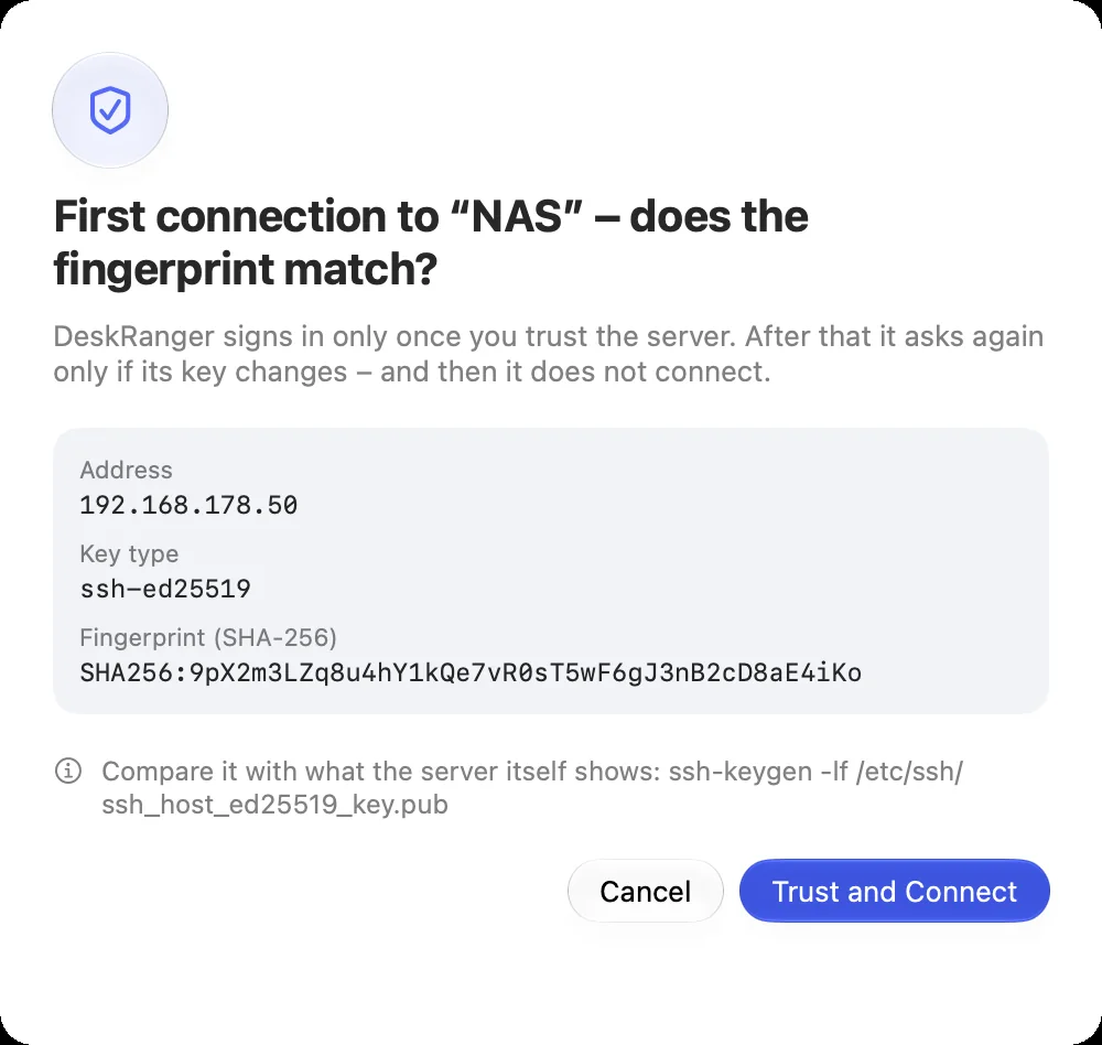 The question on the first connection: the server's address, key type and fingerprint